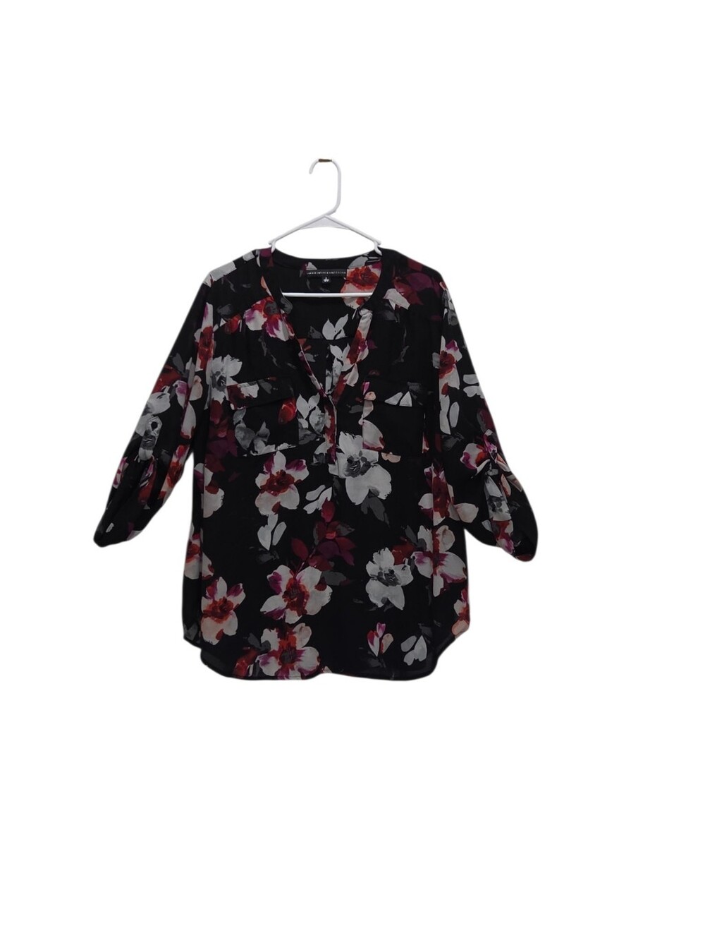 Torrid Insider Collection 2X Black Floral Chiffon Blouse Roll Tab Tunic Popover